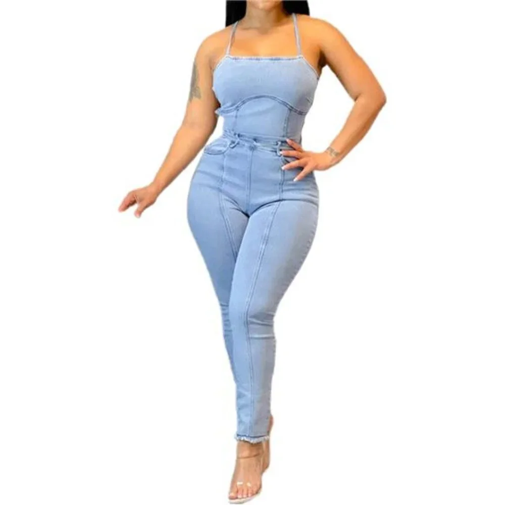 NEW Women’s Sexy Short Sleeve Denim Jumpsuit Romper Trendy Nightclub Mini Outfit - Picture 1 of 6